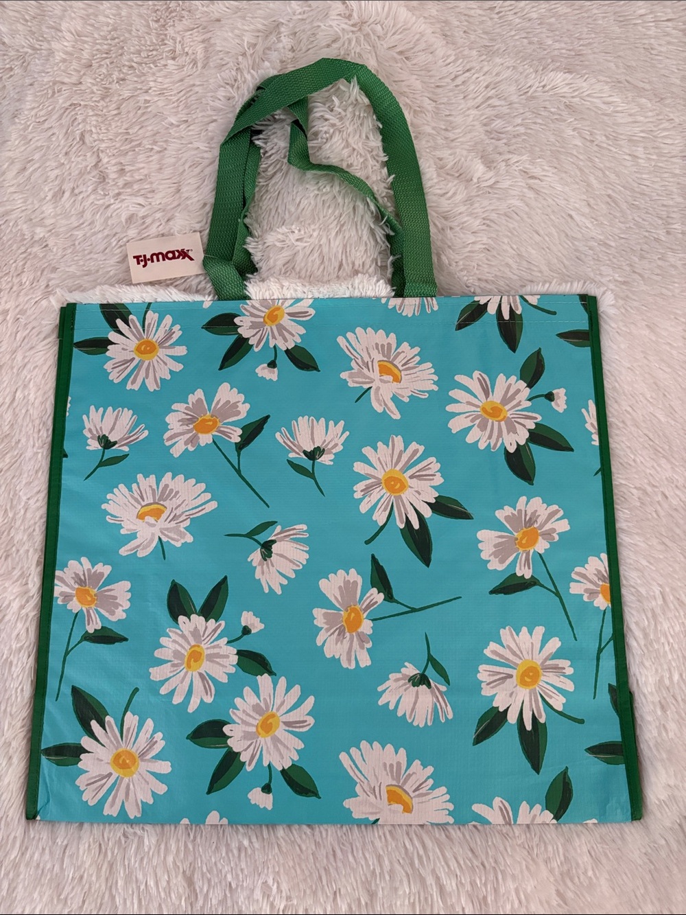 Reusable shopping bag homegoods Daisy pattern with green straps